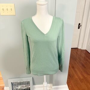 Boden Women’s Small Cotton V-neck Knit Sweater Puff Sleeves Green